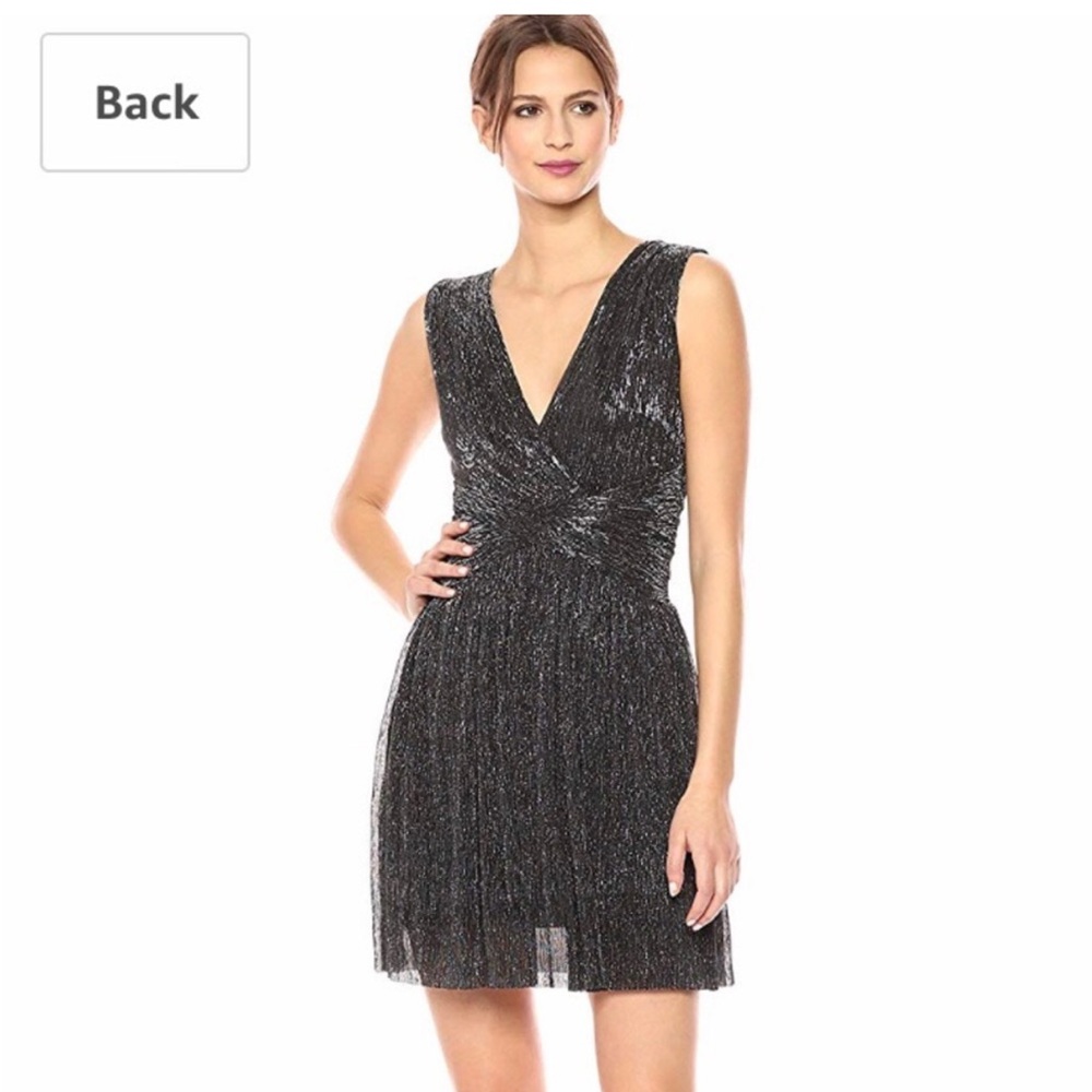 French Connection Black and Silver Ruched Deep-V Mini Dress